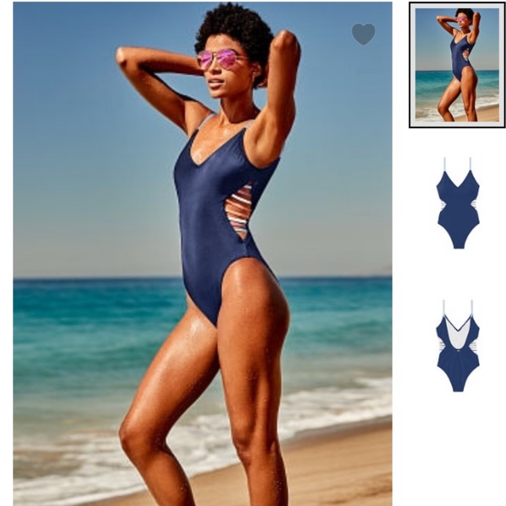 🆕 PINK Victoria's Secret Navy One Piece Swimsuit | Colorful Side Cutouts | Small